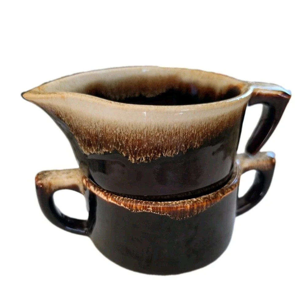Vintage Pfaltzgraff Gourmet Brown Drip Stoneware Creamer & Sugar Bowl 22 24 USA